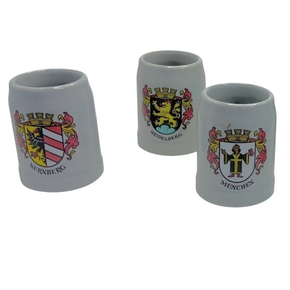 German Stoneware Beer Stein Shot Glass Set of 6 Grey City Crest 2